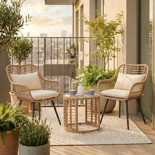 JOIVI 3 Piece Patio Bistro Set, Wicker Patio Conversation Set, Creamy White