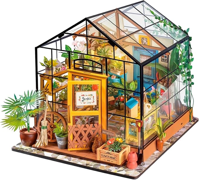 ROBOTIME DIY Miniature House Kit Mini Green House Tiny Dollhouse Wooden Furniture Kit with LED Halloween/Christmas/Birthday Gifts for Adults (Cathy's Greenhouse)