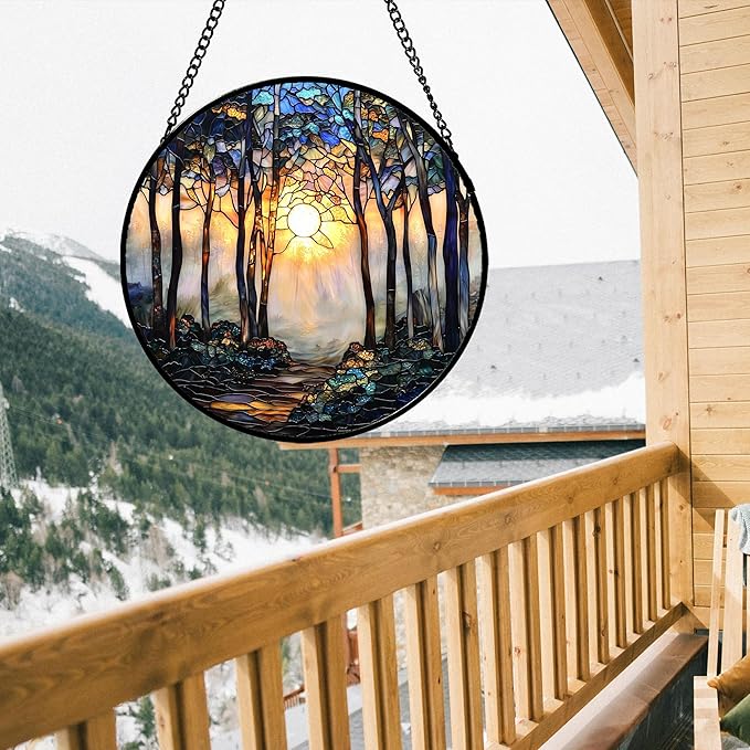 DASTOLL Stained Glass Window Hanging, Forest Sunrise Smoke Blue Brown Tree Suncatcher for Doors Window Home Landscape Sun Catchers Decor Mother's Day Birthday Gifts for Women, Men Mom 6.3 in