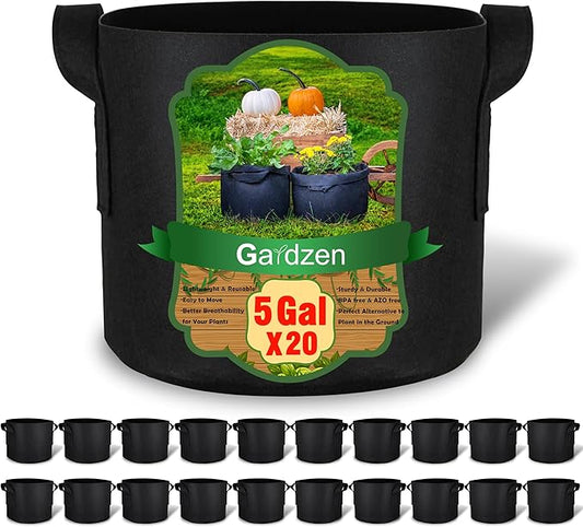 Gardzen 20-Pack 5 Gallon Grow Bags, Aeration Fabric Pots with Handles, Heavy Duty Plant Bags for Plants