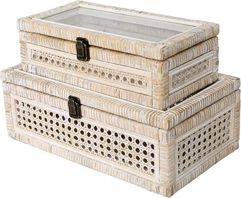 Rattan and Cane Stacking Boxes with Glass Top Lid - Set of 2 11.8" and 14.1", for Boho and Rustic Farmhouse Decor, White Wash