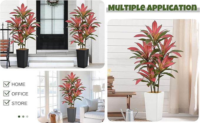 Roselywed Artificial Red Dracaena Tree 5FT with 90 Leaves & 6 Heads & Black Tall Planter Cover with Coconut Fiber Tall Faux Tropical Silk Bicolor Plant 60 Inch for Indoor Home Office Porch Mall Decor