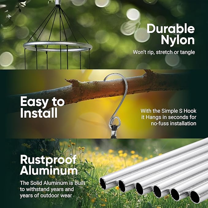 Nature’s Melody Aureole Tunes Wind Chimes – Outdoor Windchime with 6 Tubes Tuned to C Pentatonic Scale, 100% Rustproof Aluminum, Powder Finish & S Hook Hanger for Sympathy, Memorial Gift or Zen Garden