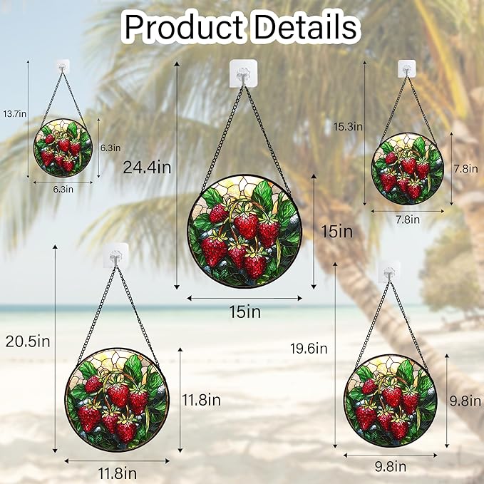 AMDERVEN Stained Glass Suncatcher, Red Strawberry Green Leaf Sun Catcher Silver Background Stain Glass Window Hanging Decoration Mother's Day Birthday Gifts for Women Men Mom Nana 9.8 in