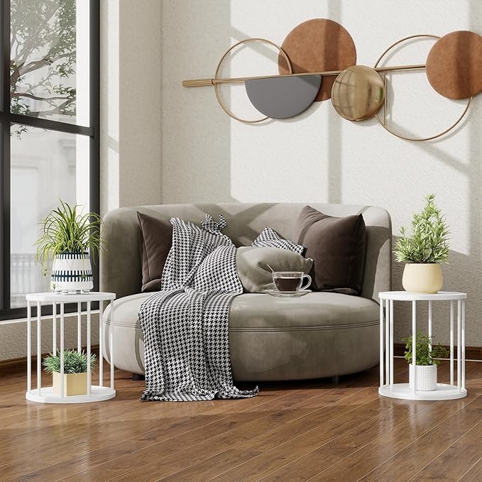 Leinade Plant Stand Indoor,small plant stool,Flower Pot Corner stand holder,Mid Century Heavy Duty Metal Tall Home Decor,Modern Round End Table,Small Rustic Display Stand for Living Room,Bedroom(White,2 Packs)