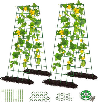 DoCred Cucumber Trellis, 59" High 2 Pack Foldable A Frame Trellis for Raised Bed Climbing Plants, Vegetables, Includes Plant Support Clips, Twist Ties, Plastic Ties- Made from PVC-Coated Steel