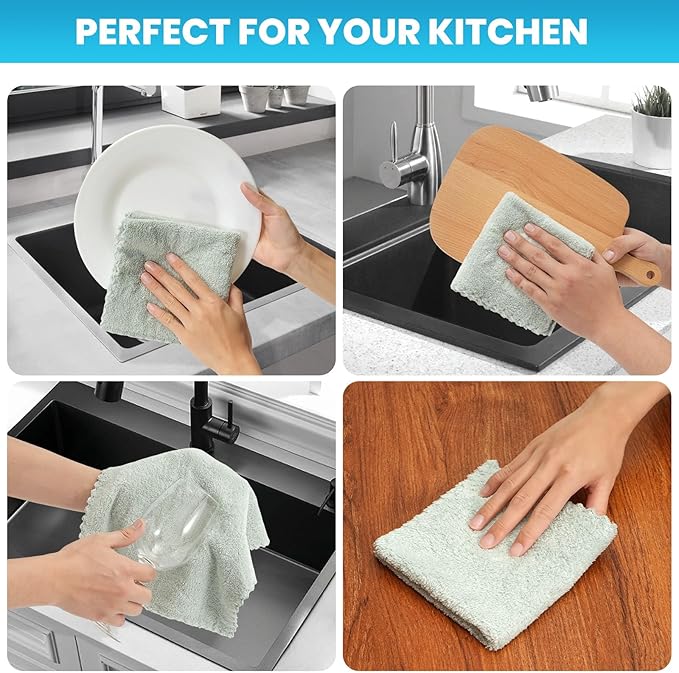12 Pack Cleaning Cloth,Ultra Soft Absorbent Quick Drying Microfiber Cleaning rags,No scratches,Reusable,Washable,Lint Free Cleaning Towels for Kitchen,Window,Glass,car,11.8"×11.8"(Light Green)