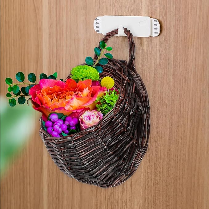 DOITOOL 2Pcs Dark Brown Rattan Wicker Hanging Baskets for Wall 9.05X7.08X3.54 Inch Indoor Outdoor Planters for Flowers and Greenery Home Garden Decor