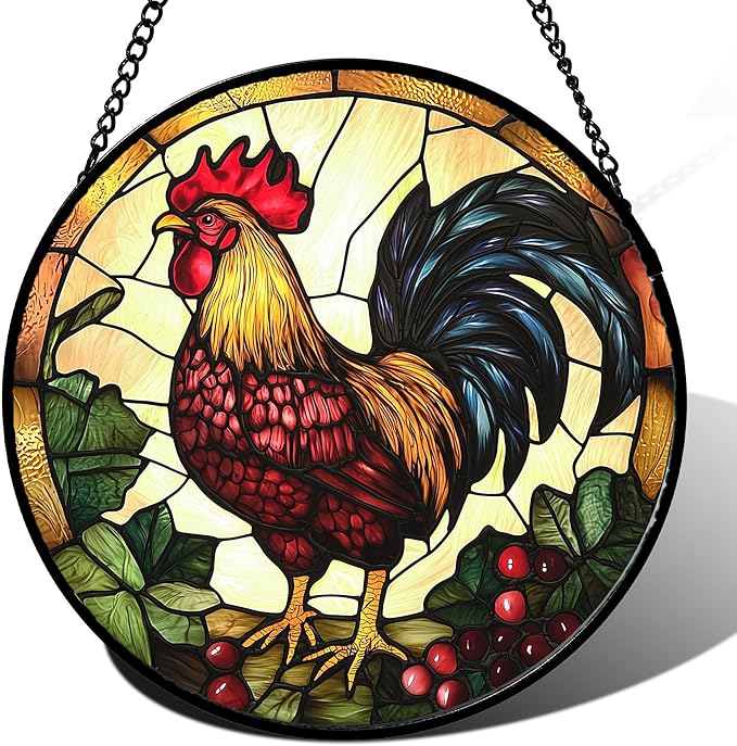 AMDERVEN Stained Glass Window Hanging, Colorful Big Cock Sun Catcher for Window Door Home Decor, Chicken Suncatcher Christmas Mother's Day Birthday Gifts for Women Men Mom and Nana 15 in