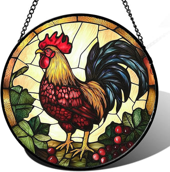 AMDERVEN Stained Glass Window Hanging, Colorful Big Cock Sun Catcher for Window Door Home Decor, Chicken Suncatcher Christmas Mother's Day Birthday Gifts for Women Men Mom and Nana 7.8 in