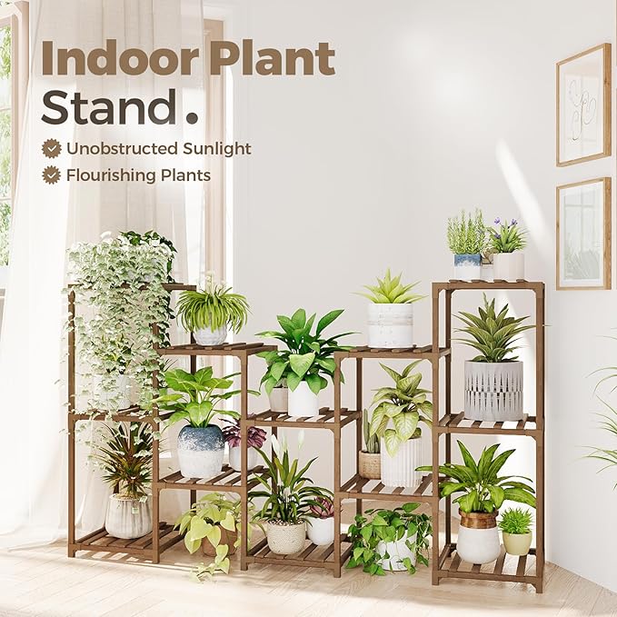 Bamworld Large Plant Shelf Outdoor Wood Plant Stand Large Rack for Living Room Patio, Balcony and Garden