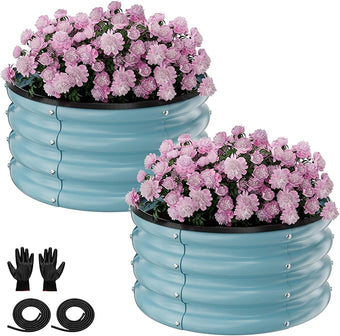 Round Galvanized Raised Garden Bed Kit, 2 Pcs 2 x 2 x 1ft Teal Blue Galvanized Garden Boxes, Outdoor for Vegetables