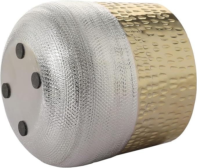 MyGift Round Two-Toned Indoor Planter Pot, Hammered Brass and Milled Embossed Silver Tone Metal Planter Vase, Set of 2 - Handcrafted in India