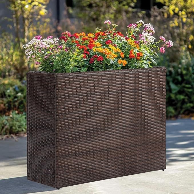 LEWIS&WAYNE Large Rectangular Block Planter Box Handmade Wicker Tall Planters for Outdoor Plants with Removable Liners Modern Planter for Indoor Outdoor Patio Deck - Brown, 38''x11''x30''