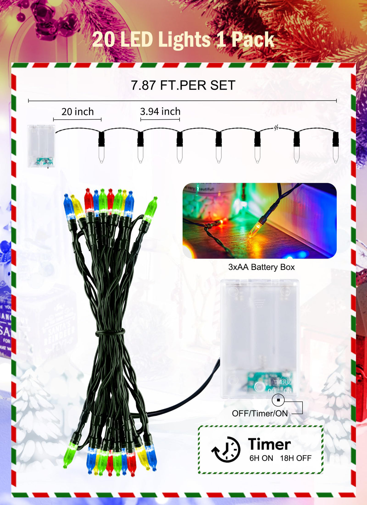 Brightown 8ft 20LED Battery Operated Christmas String Lights with Timer