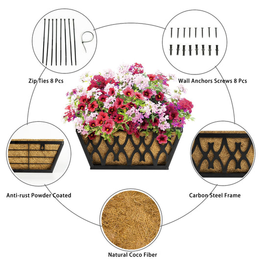 Karlliu 2 Pack 14 Inch Window Boxes Planters Railing Planter Box with Coco Liners Deck Railing Planter Boxes Balcony Hanging Flower Box for Outdoor Plants Garden Decor