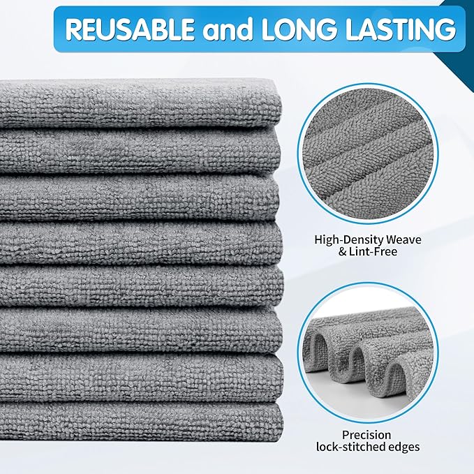 FIXSMITH Grey Microfiber Cleaning Cloth -Pack of 8, Highly Absorbent Cleaning Rags, 16"X12" All Purpose Cleaning Towels for Housekeeping, Kitchen, Car, Lint Free and Reusable Microfiber Towels