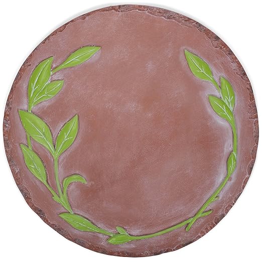 NAT & Jules Floral Laurel Wreath Leaves Pattern Dimensional Indoor Outdoor 12 inch Round Cast Resin Decorative Garden Stepping Stone, Patio, Walkway Sculpture Yard Art, Green