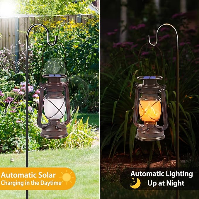 Solar Lanterns Outdoor Waterproof,2 Pack Bronze Vintage Lanterns with Dancing Flame Led Hanging Lights Decor,Lamps for Porch Garden Yard Pathway Camping