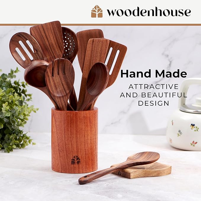Wooden Spoons for Cooking – Wooden Cooking Utensils Set with Holder, Spoon Rest & Hooks, Teak Wood Nonstick Kitchen Cookware – Durable Set of 12pcs by Woodenhouse