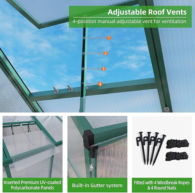 KEIKI Aluminum 6x10 FT Walk-in Polycarbonate Greenhouse, Outdoor Gardening Greenhouse with Raised Base, Roof Vent & Weather-Resistant Panels, Green