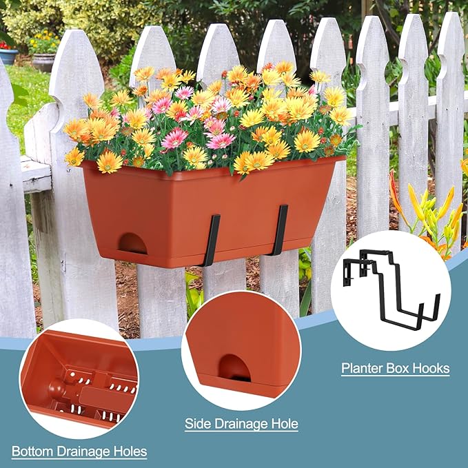 smusei Window Boxes Planters 17’’ Railing Planter Box with Adjustable Brackets, 4 Pack Hanging Deck Railing Planters Rectangular Flower Pots for Outdoor Patio Balcony Fence