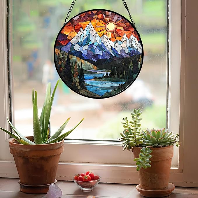 Stained Glass Window Hanging - Colorful Mountain Lake Landscape Sun Catcher for Door Garden Home Decor Suncatcher Christmas Mother's Day Birthday Gifts for Women Men Mom Nana 11.8 in