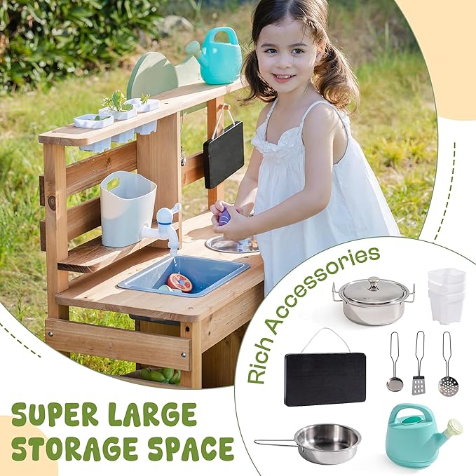 ROBOTIME Mud Kitchen, Outdoor Play Kitchen for Kids – Wooden Mud Kitchen Pretend Playset with Removable Sink & Chalkboard, Cooking Accessories, Gift for Boys Girls Ages 3+