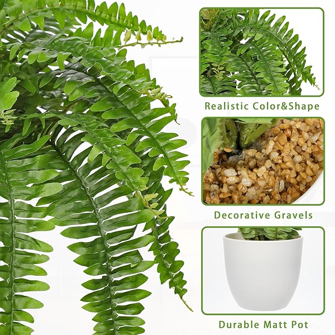 Hollyone Artificial Fern Plants in White Pot 25.5" Medium Artificial Boston Fern 31 Leaves for Outdoors & Indoor Faux Potted Plants Fake Ferns Bush Plant Patio Garden Farmhouse Porch Home Decor Green