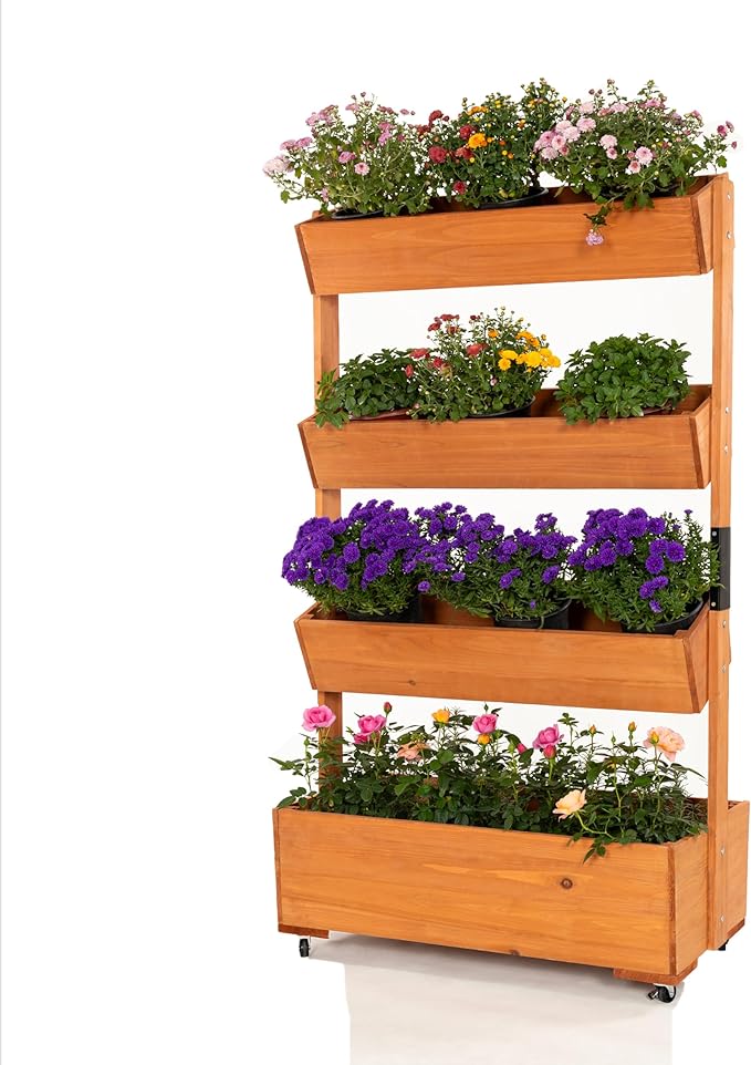 Wooden Elevated Garden Bed, Vertical 4-Storey Wooden Flowerpot Box with Wheels, Adjustable Flowerpot Box, Suitable for Outdoor and Indoor Balconies, Vanilla Garden Gardening Vegetables