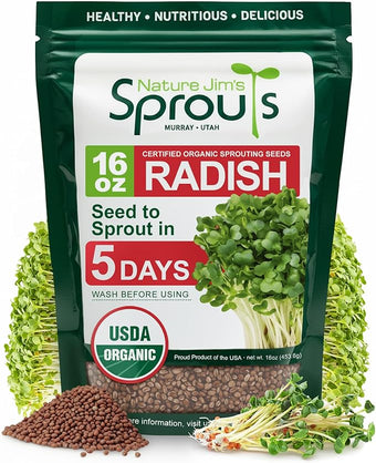 Nature Jims Organic Radish Sprout Seeds – 16 Ounce Premium Non-GMO Radish Seeds for Sprouting, Rich in Vitamins, Minerals, Fiber & Protein – Microgreen & Sprout Seeds for Home Growing