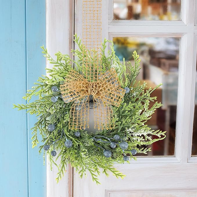 4 PCS Small Winter Blue Berry Cabinet Wreath Artificial Mini Kitchen Wreaths Vintage Swags Wreath with Retro Burlap Ribbon for Farmhouse Rustic Home Front Door Window Pillar Wedding Chair Wall