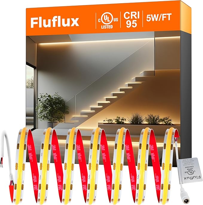 FluFlux COB LED Strip Lights 3000K Warm White, 24Volt Diffused LED Tape Light with Heavy Duty 3M VHB Adhesive, CRI 95, UL Listed, Dimmable, 5W/FT for Kitchen, Cabinet (NO Power Supply)