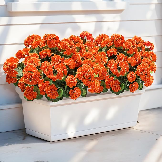 Fake Geraniums Artificial Flowers for Outdoors Fall Autumn Decoration, 6 Bundles Silk Geraniums UV Resistant Look Real Orange Faux Flowers Plants for Front Door Garden Planter Patio Balcony Yard Home