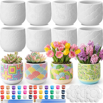 Zubebe 12 Pcs Paint Your Own Ceramic Pots Bulk Unfinished Embossed Succulent Pots Craft Kit with Drainage Hole Mini Paintable Plant Vase Ready to Paint Planter for Cactus DIY Craft