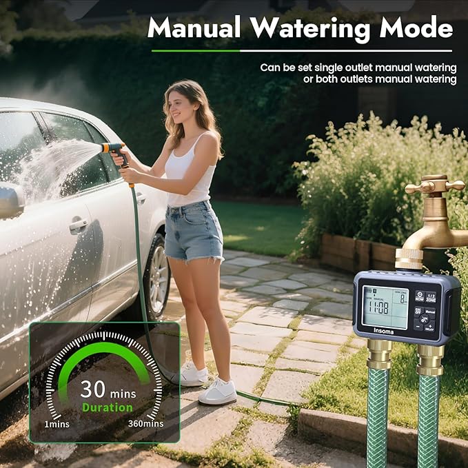 Insoma Water Timer with Brass Inlet & Outlet, 2 Independent Zones Outdoor Hose Timer for Garden Faucet with Auto/Manual/Rain Delay Mode, Sprinkler Irrigation Controller for Yard Lawn