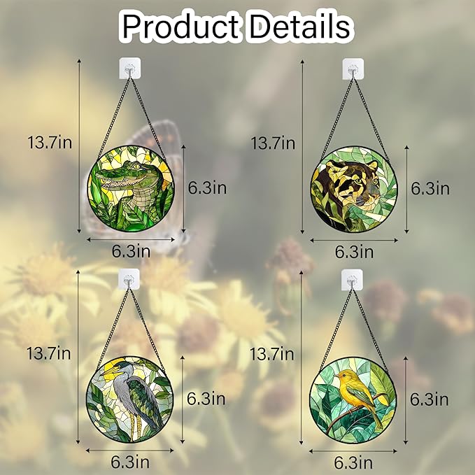 DASTOLL Stained Glass Window Hanging 4 Pcs Set Green Plants Animals Theme 6.3" - Bird Tiger Suncatcher Door Garden Sun Catcher Decor Birthday for Mom Woman Nana Men Friend