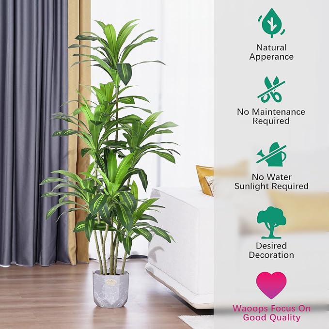 Waoops Artificial Plants 6Ft Dracaena Fragrans Faux Trees with 8 Heads Fake Tree for Home Decor Indoor or Outdoor Office Decoration Housewarming Gift