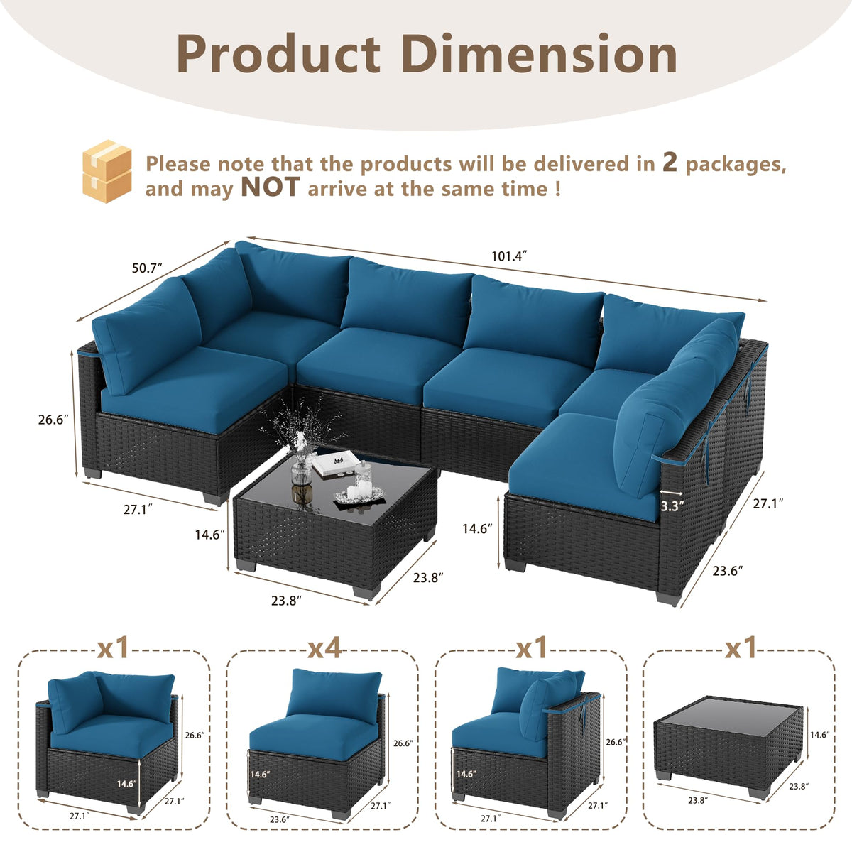 LOUVIXA 7 Piece Outdoor Patio Furniture Set, Outdoor Sectional Sofa, Wicker Rattan Patio Furniture, Patio Conversation Set with Coffee Table & Cushions