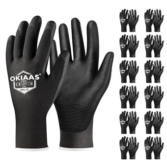 OKIAAS Work Gloves for Men，Ultra Thin and Lightweight Working Gloves with Grip, 12 Pairs Bulk Pack Construction Gloves with Polyurethane Coating for Light Duty Work (Black, XX-Large)