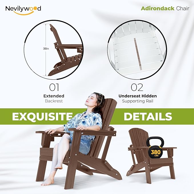 nevilywood Folding Adirondack Chair with Cup Holder, HDPE Patio Chairs, All-Weather Outdoor Chairs for Backyard, Deck, Fire Pit-Coffee