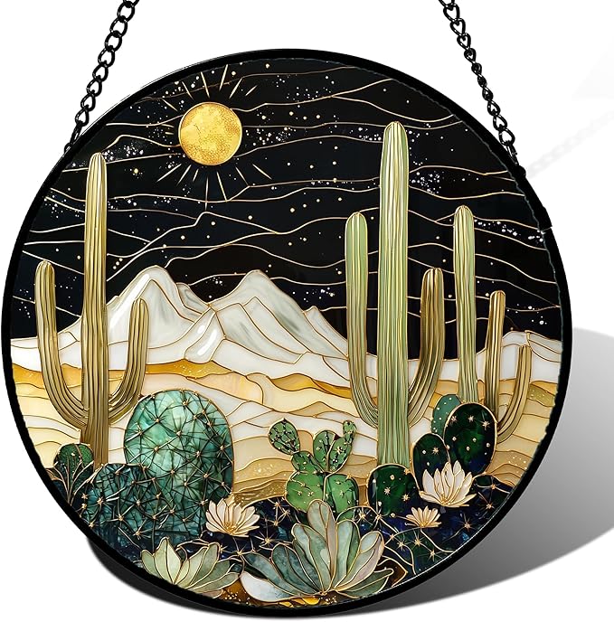 DASTOLL Stained Glass Window Hanging, Black and White Golden Cactus Nature Suncatcher for Doors Window Home Starry Sky Sun Catchers Decor Mother's Day Birthday Gifts for Women, Men Mom 9.8 in
