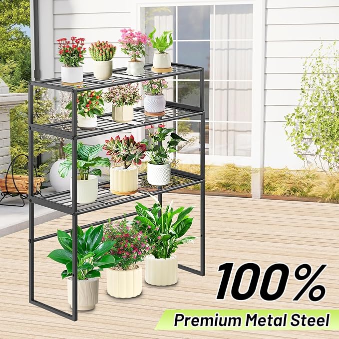 Metal Plant Stand Indoor Outdoor, 3 Tier Potted Multiple Flower Pot Holder Rack Plant Shelf, Heavy Duty Planter Display Shelving for Patio Balcony Garden Living Room Decorative (Black-3 Tier)