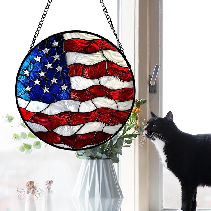 Stained Glass Window Hanging, Blue, White Red National Flag Pattern Sun Catchers Diamond Glass Panel Window Hangings Decor for Birthday Gifts for Women, Men, and Mom 14.9x14.9IN