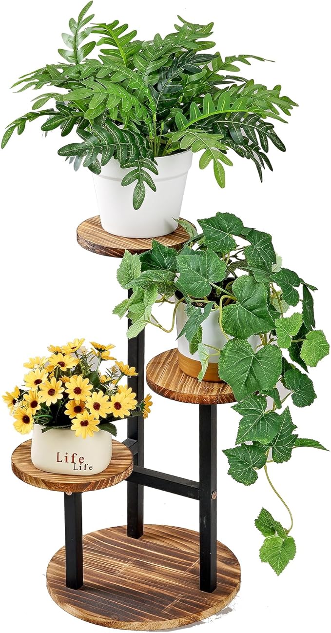 VECELO 3 Tier Plant Stand Indoor Outdoor, Tall Metal Wood Flower Shelf for Multiple Plants, Small Tiered Round Corner Display Rack, Planter Pot Holder for Patio Garden Balcony Living Room Bedroom