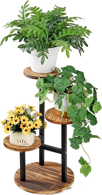 VECELO 3 Tier Plant Stand Indoor Outdoor, Tall Metal Wood Flower Shelf for Multiple Plants, Small Tiered Round Corner Display Rack, Planter Pot Holder for Patio Garden Balcony Living Room Bedroom