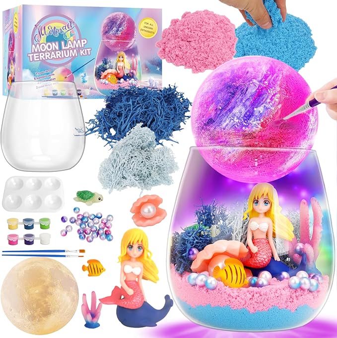 SCWGTPJ Mermaid Gifts for Girls- Mermaid Terrarium Crafts Kit, DIY Toys Kit for Kids Girls,Arts and Craft, DIY Moon Lamp LED Night Light Christmas Birthday Gift for Girls