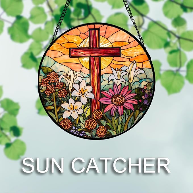 JOSUMALY Christian Gifts for Women - Cross Stained Glass Window Hanging Easter Flower Sunset Landscape Sun Catcher Garden Religion Decor Mother's Day Catholic Gift for Men Grandma Mom Her Nana 6.3"