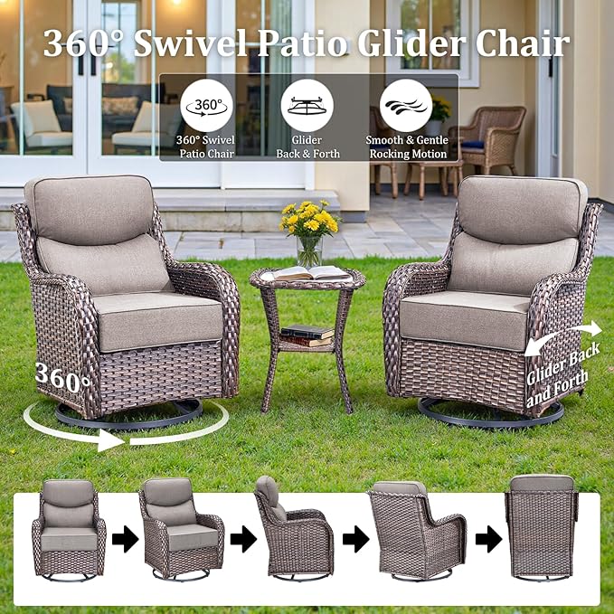 Luxury High Back Patio Furniture Set with 6-Inch Thick Cushions, 6-Pieces Outdoor Furniture with Swivel Chairs, Wicker Conversation Set for Porch, Balcony, Deck and Yard, Brown/Grey