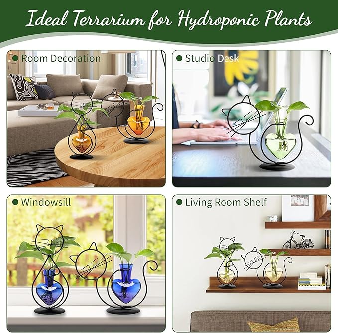 Plant Terrarium Plants Propagation Station Cat Lover Gifts for Women Home Office Decor Cat Desk Accessories